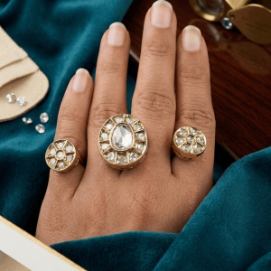 Stunning Uncut Kundan Dual Finger Ring – Gold Plated
