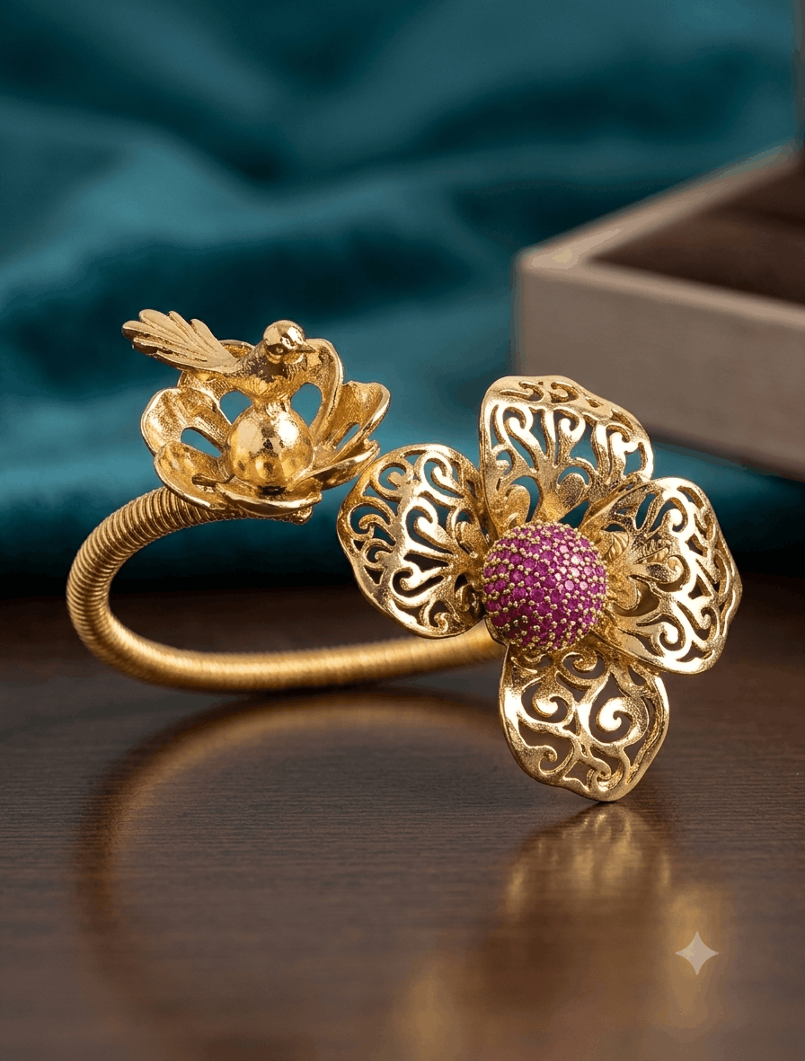 Floral Bird Motif Gold Open Cuff Bracelet
