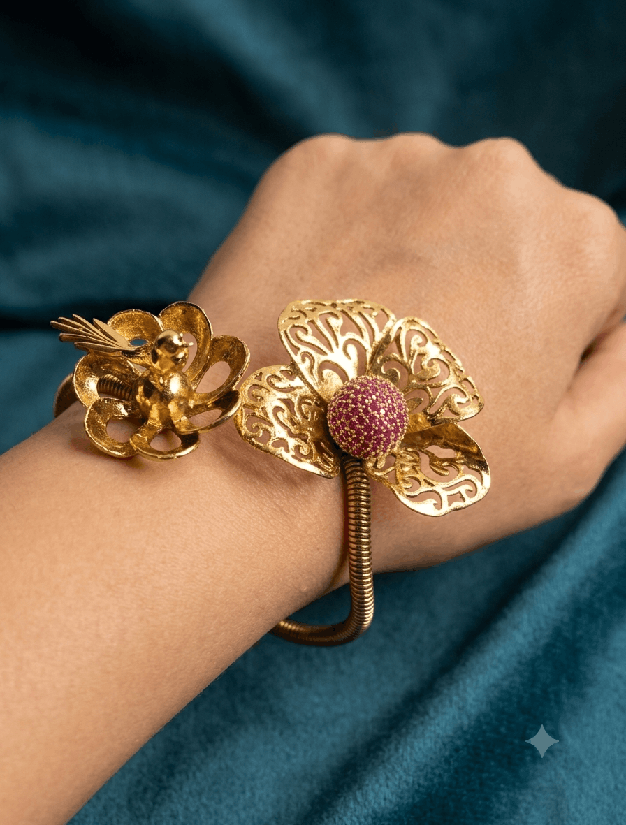 Floral Bird Motif Gold Open Cuff Bracelet